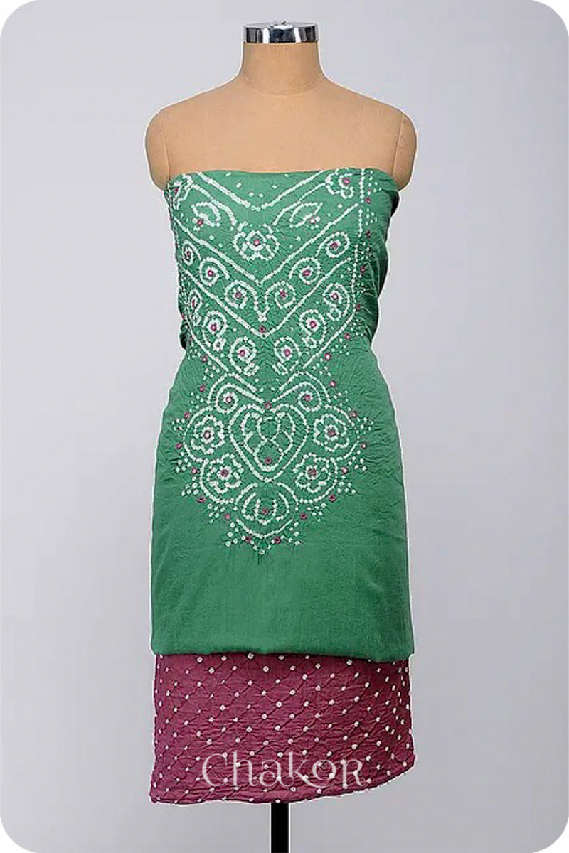 Chakor's Moss Green & Plum Pink Bandhani Cotton embroidered Kurta Fabric With Dupatta. 