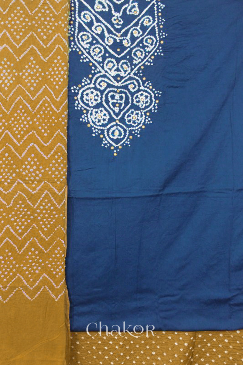 Chakor's Indigo Blue & Mustard Bandhani Cotton embroidered Kurta Fabric With Dupatta. 