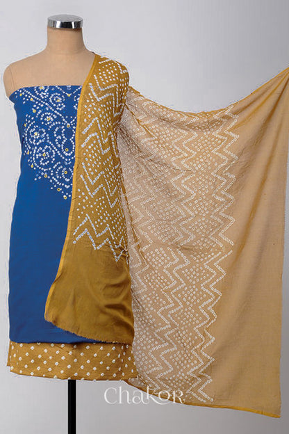 Chakor's Indigo Blue & Mustard Bandhani Cotton embroidered Kurta Fabric With Dupatta. 