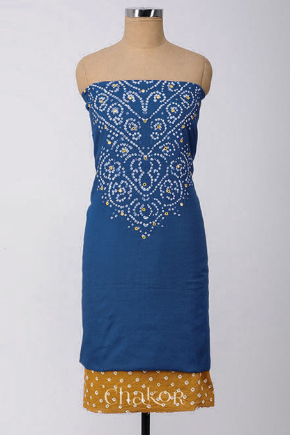 Chakor's Indigo Blue & Mustard Bandhani Cotton embroidered Kurta Fabric With Dupatta. 