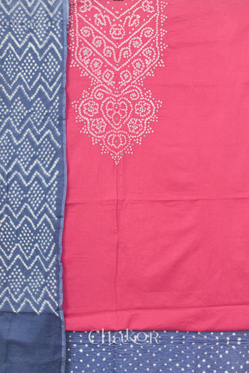 Chakor's Pink & Grey Pink Bandhani Cotton embroidered Kurta Fabric With Dupatta. 