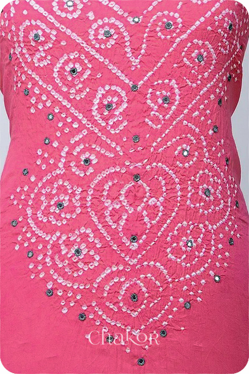 Chakor's Pink & Grey Pink Bandhani Cotton embroidered Kurta Fabric With Dupatta. 