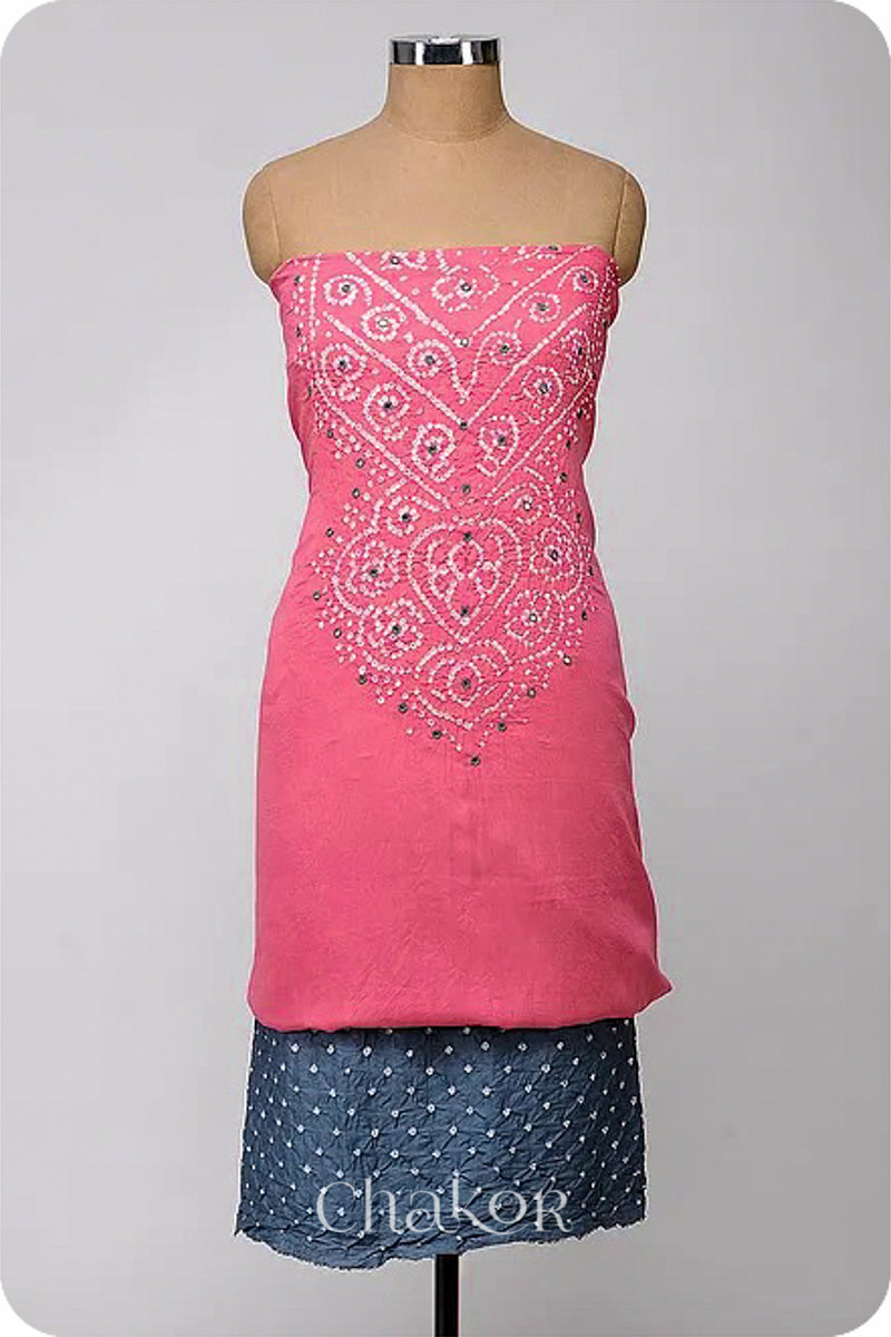 Chakor's Pink & Grey Pink Bandhani Cotton embroidered Kurta Fabric With Dupatta. 