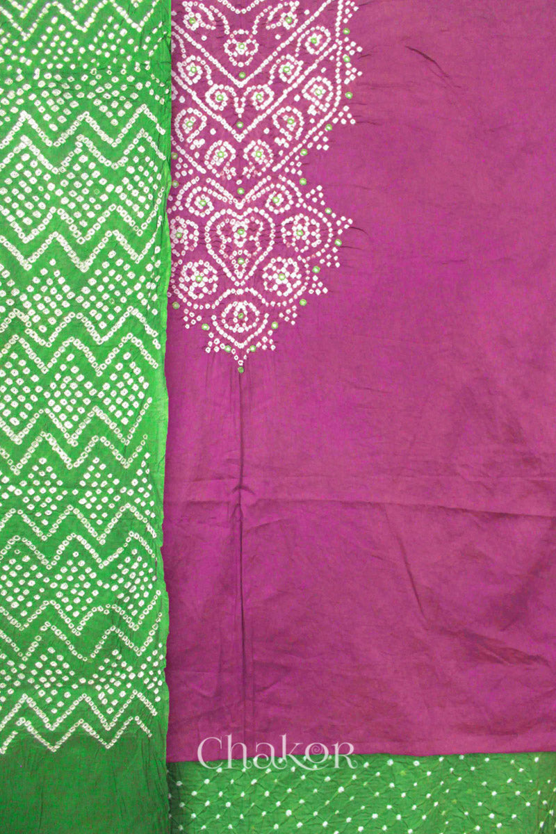 Chakor's Violet & Mehendi Green Bandhani Cotton embroidered Kurta Fabric With Dupatta. 