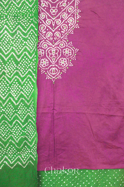 Chakor's Violet & Mehendi Green Bandhani Cotton embroidered Kurta Fabric With Dupatta. 