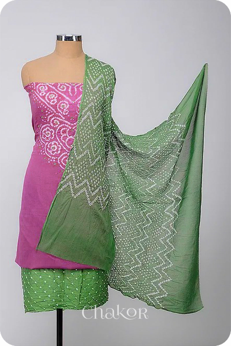 Chakor's Violet & Mehendi Green Bandhani Cotton embroidered Kurta Fabric With Dupatta. 