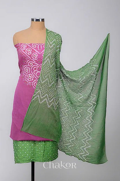 Chakor's Violet & Mehendi Green Bandhani Cotton embroidered Kurta Fabric With Dupatta. 