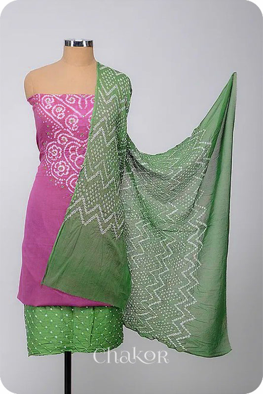 Chakor's Violet & Mehendi Green Bandhani Cotton embroidered Kurta Fabric With Dupatta. 