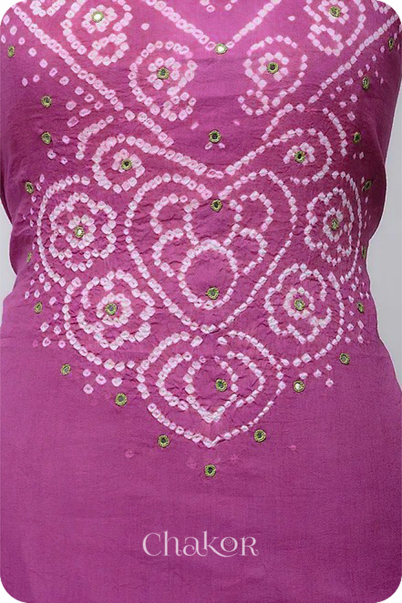 Chakor's Violet & Mehendi Green Bandhani Cotton embroidered Kurta Fabric With Dupatta. 