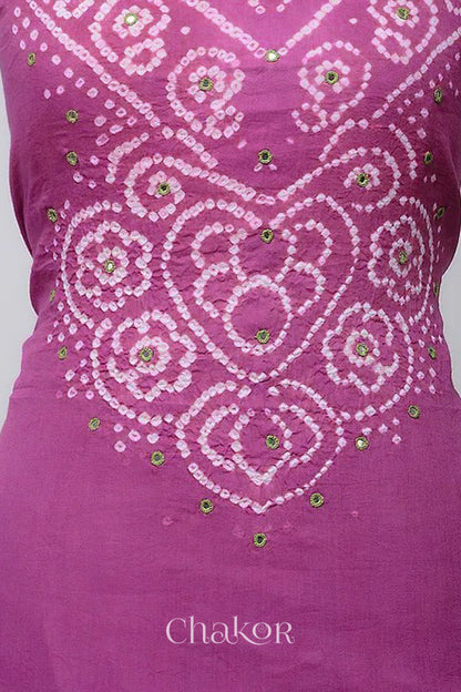 Chakor's Violet & Mehendi Green Bandhani Cotton embroidered Kurta Fabric With Dupatta. 