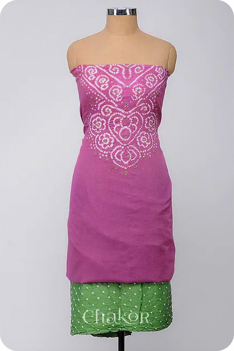 Chakor's Violet & Mehendi Green Bandhani Cotton embroidered Kurta Fabric With Dupatta. 