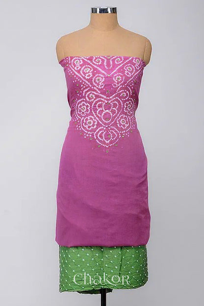 Chakor's Violet & Mehendi Green Bandhani Cotton embroidered Kurta Fabric With Dupatta. 