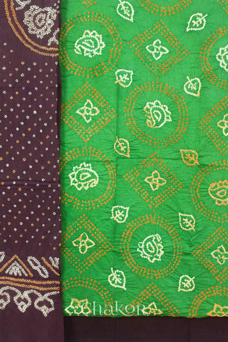 Chakor's Mehendi Green & Brown Bandhani Cotton embroidered Kurta Fabric With Dupatta. 