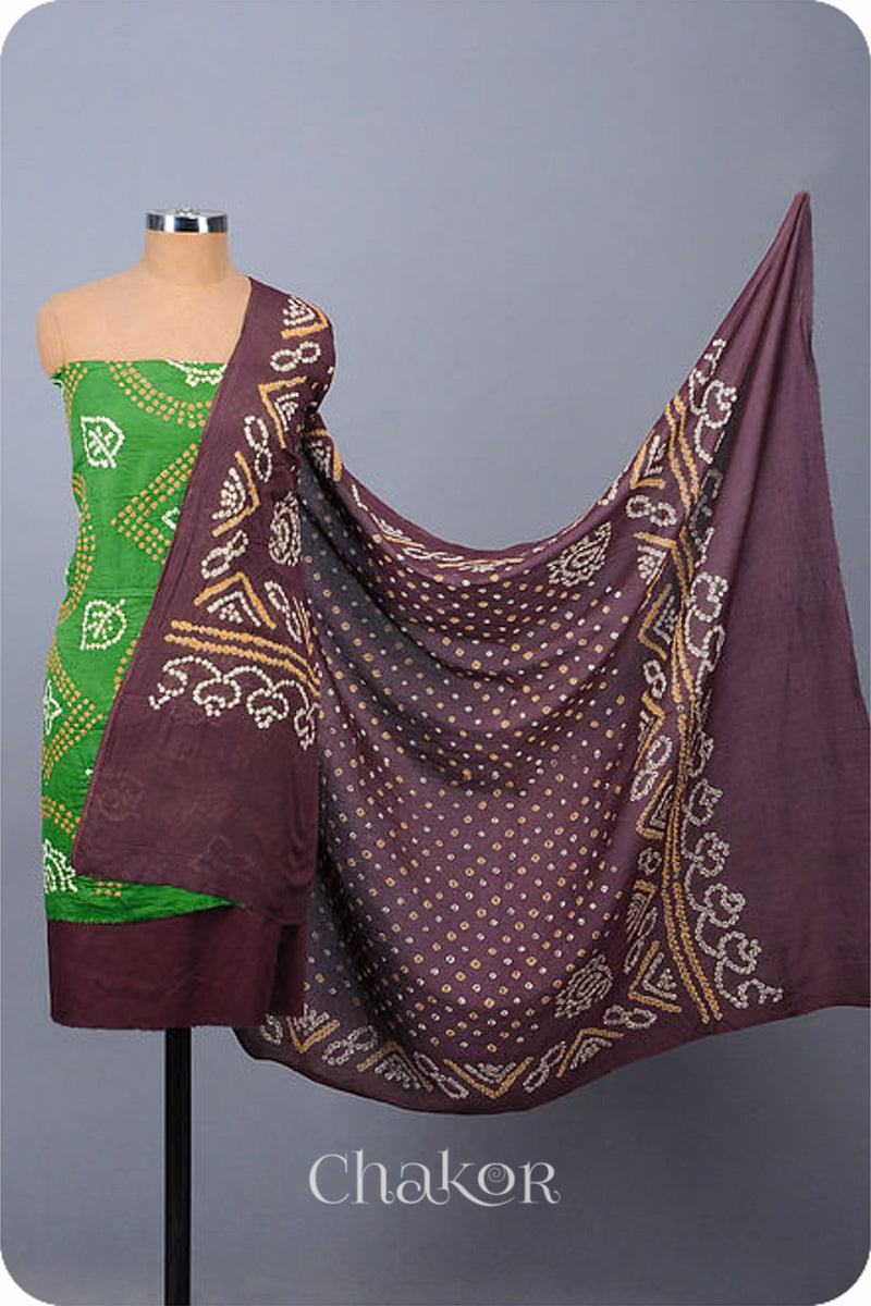 Chakor's Mehendi Green & Brown Bandhani Cotton embroidered Kurta Fabric With Dupatta. 