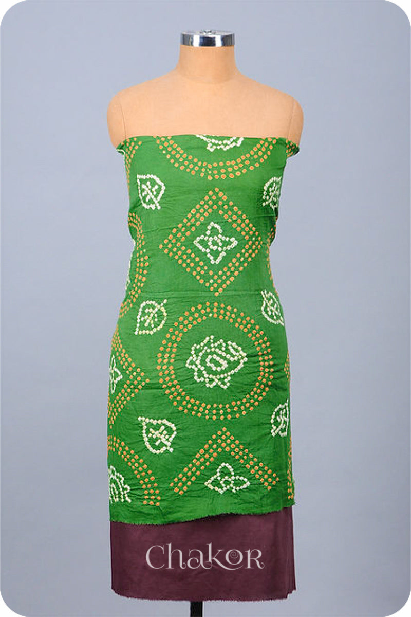 Chakor's Mehendi Green & Brown Bandhani Cotton embroidered Kurta Fabric With Dupatta. 