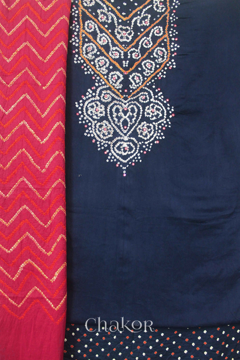 Chakor's Charcoal Grey & Pink Bandhani Cotton embroidered Kurta Fabric With Dupatta. 