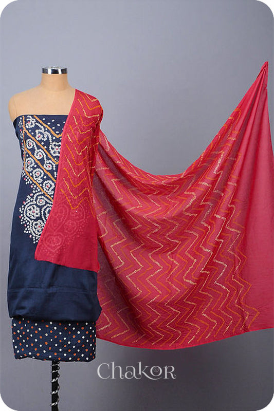Chakor's Charcoal Grey & Pink Bandhani Cotton embroidered Kurta Fabric With Dupatta. 