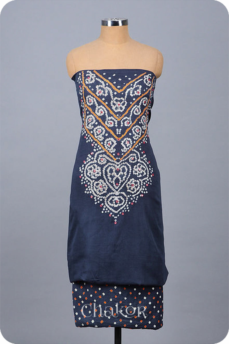 Chakor's Charcoal Grey & Pink Bandhani Cotton embroidered Kurta Fabric With Dupatta. 