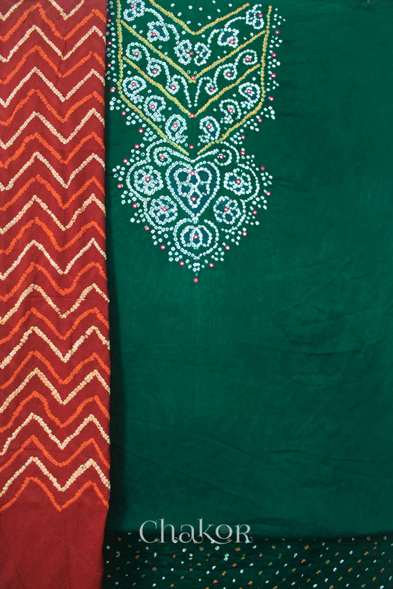 Chakor's Green Red Bandhani Cotton embroidered Kurta Fabric With Dupatta. 