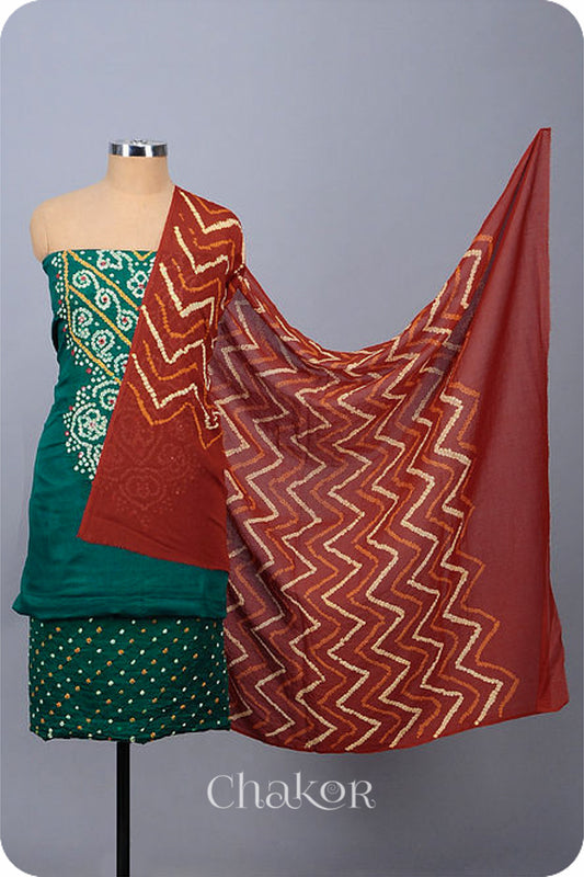 Chakor's Green Red Bandhani Cotton embroidered Kurta Fabric With Dupatta. 