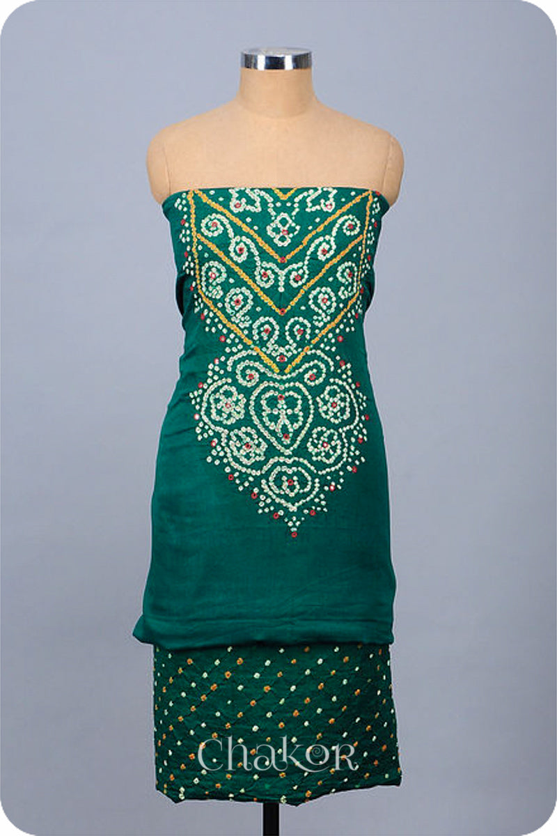 Chakor's Green Red Bandhani Cotton embroidered Kurta Fabric With Dupatta. 