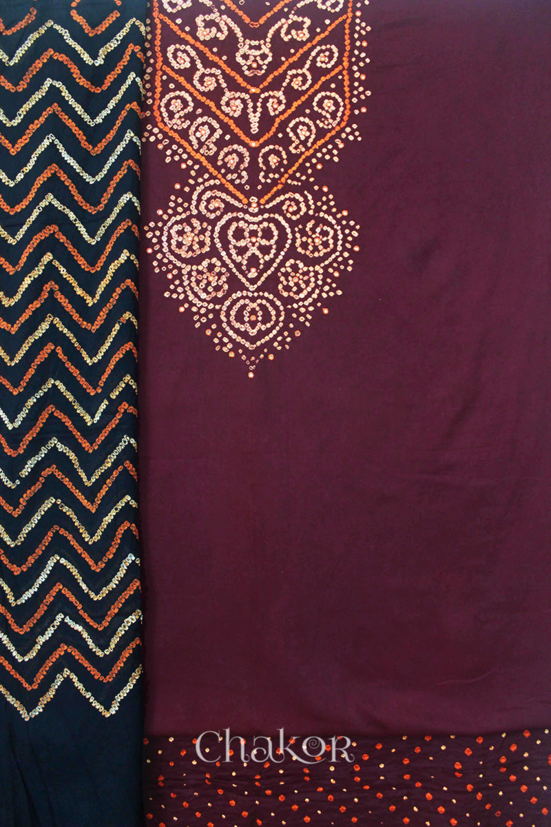 Chakor's Maroon Black Bandhani Cotton embroidered Kurta Fabric With Dupatta. 