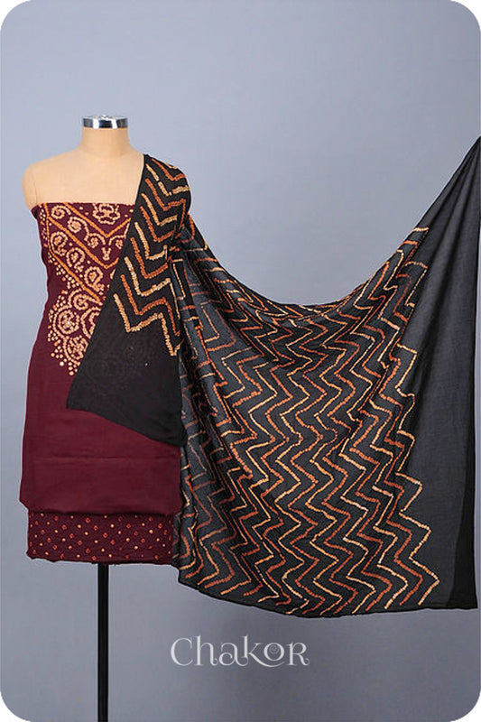 Chakor's Maroon Black Bandhani Cotton embroidered Kurta Fabric With Dupatta. 