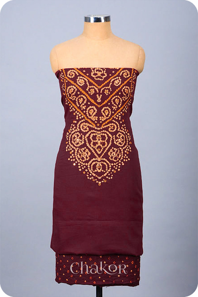 Chakor's Maroon Black Bandhani Cotton embroidered Kurta Fabric With Dupatta. 