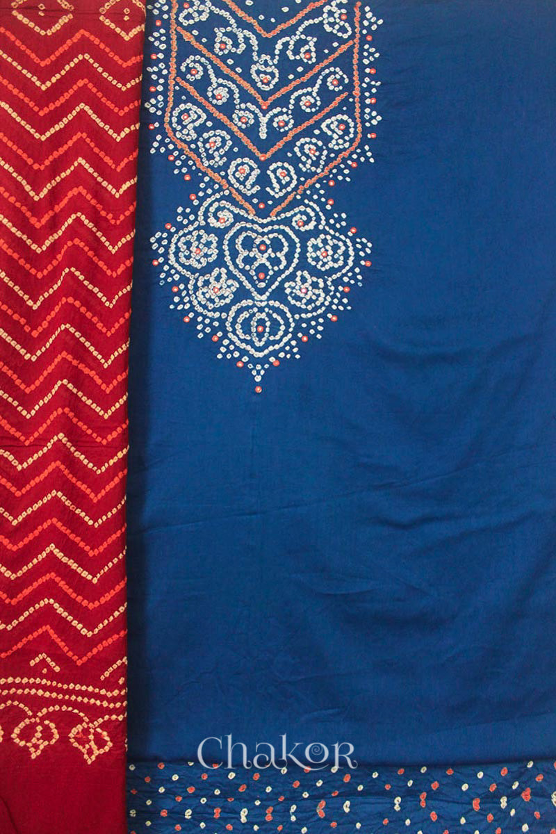 Chakor's Red Indigo Bandhani Cotton embroidered Kurta Fabric With Dupatta. 