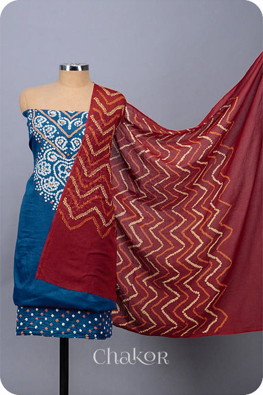 Chakor's Red Indigo Bandhani Cotton embroidered Kurta Fabric With Dupatta. 