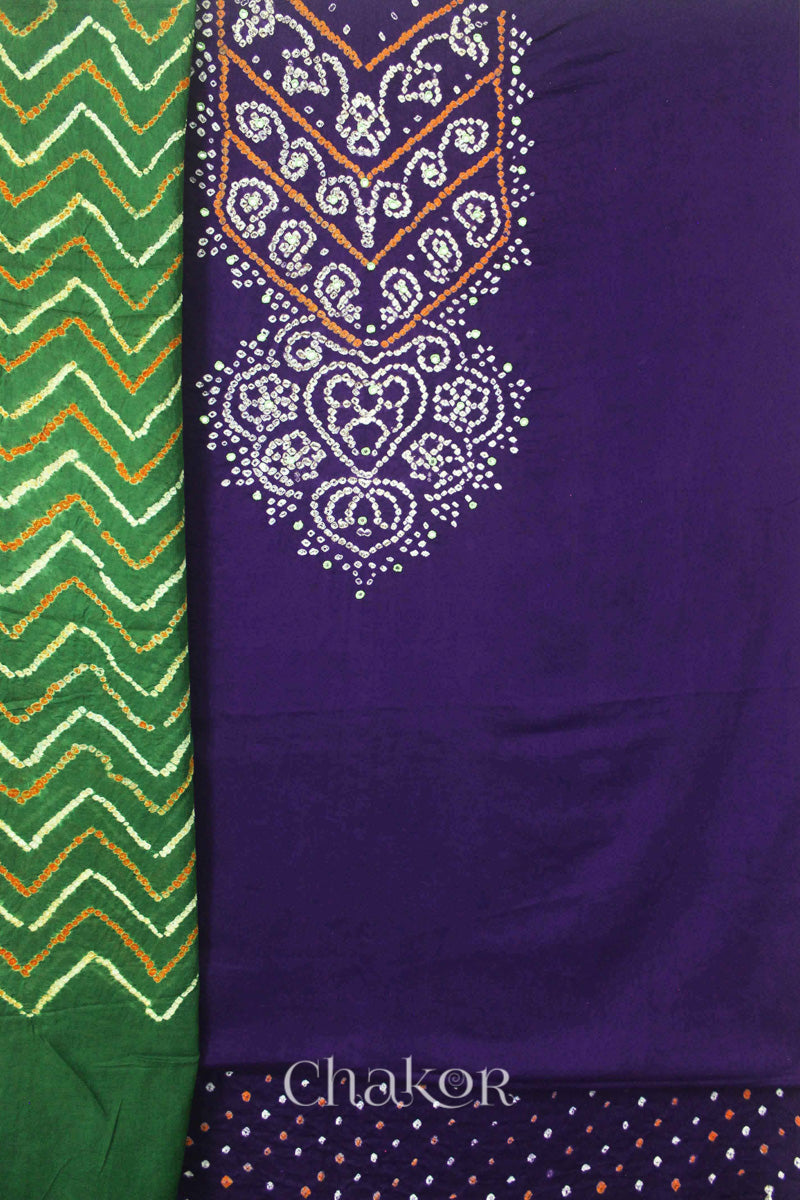 Chakor's Purple Mehendi Green Bandhani Cotton embroidered Kurta Fabric With Dupatta. 