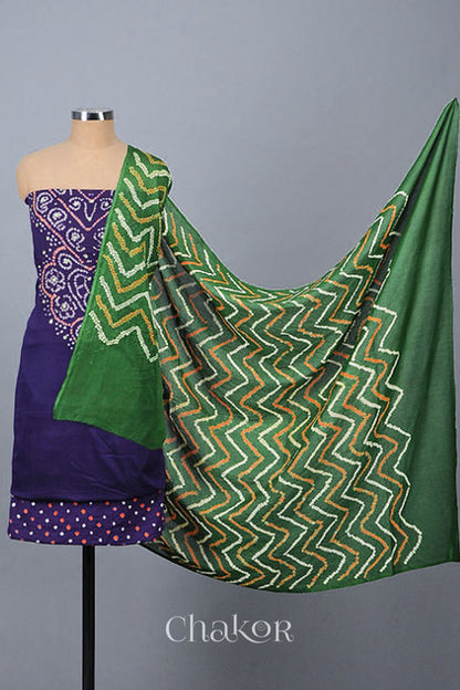 Chakor's Purple Mehendi Green Bandhani Cotton embroidered Kurta Fabric With Dupatta. 