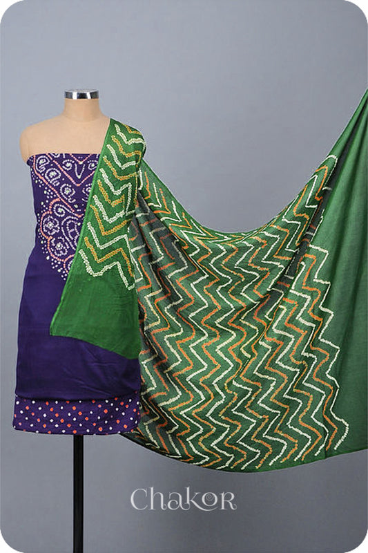 Chakor's Purple Mehendi Green Bandhani Cotton embroidered Kurta Fabric With Dupatta. 