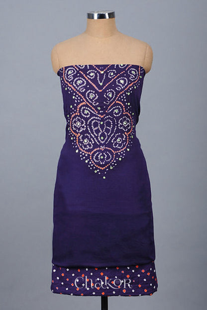 Chakor's Purple Mehendi Green Bandhani Cotton embroidered Kurta Fabric With Dupatta. 