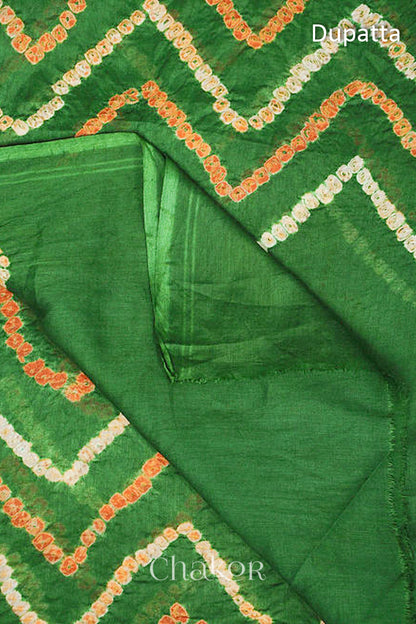 Chakor's Purple Mehendi Green Bandhani Cotton embroidered Kurta Fabric With Dupatta. 