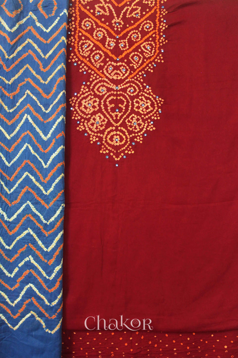 Chakor's Red Indigo Bandhani Cotton embroidered Kurta Fabric With Dupatta. 