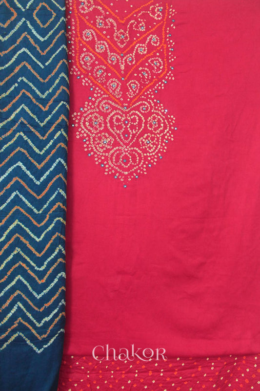 Chakor's Pink Indigo Bandhani Cotton embroidered Kurta Fabric With Dupatta. 