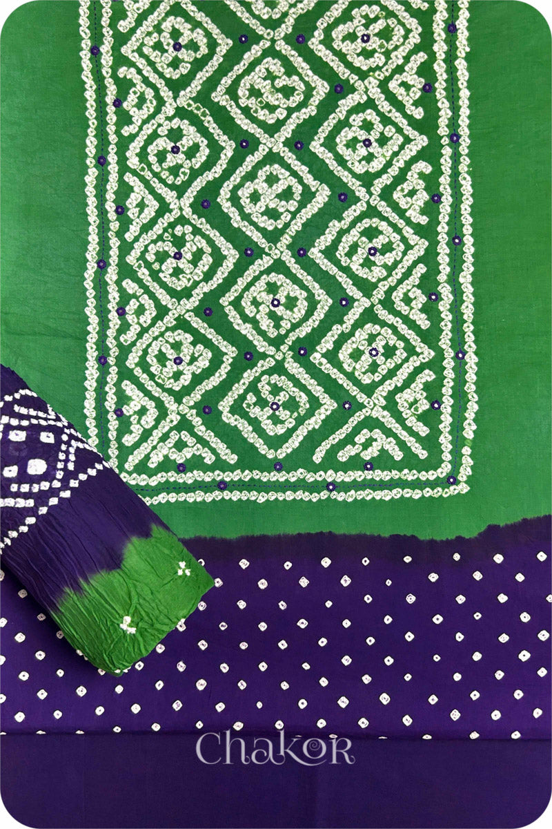 Purple GreenBandhani Cotton Kurta Set Fabric With Dupatta for Women's clothing online by Chakor.