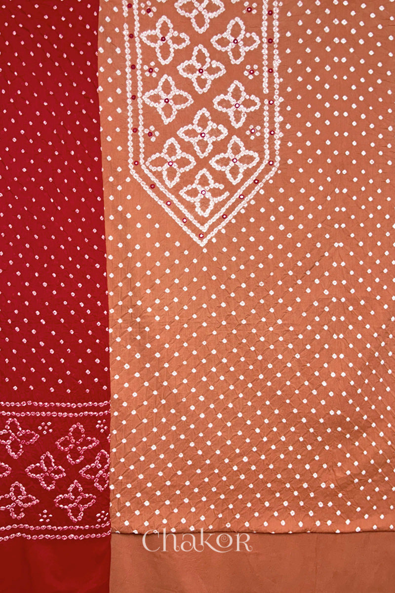 Brick Orange Bandhani cotton kurta fabric with matching bottom and Red Bandhani dupatta.
