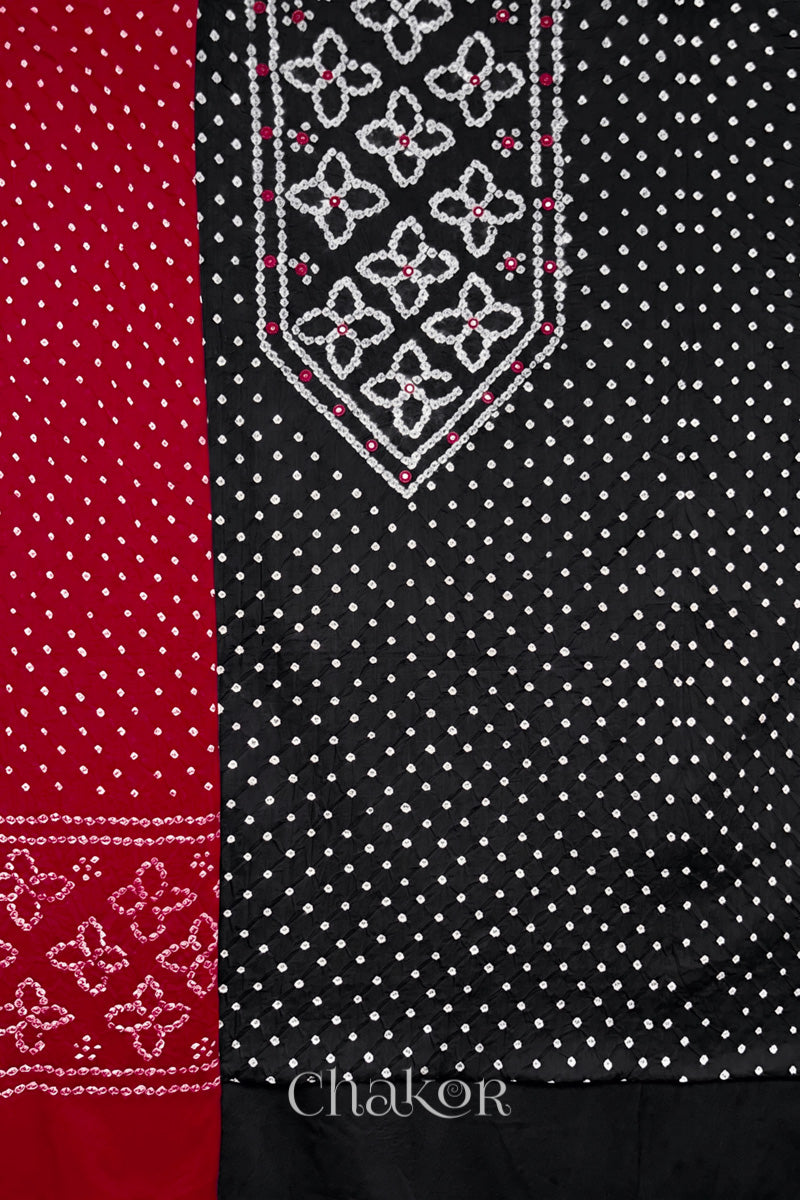 Black Bandhani cotton kurta fabric with matching bottom and Red Bandhani dupatta.

