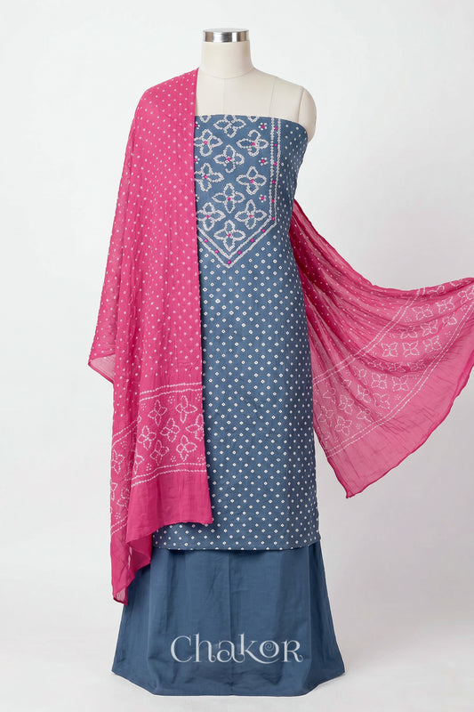 Grey Kutch Bandhani Cotton Unstitched Suit Set - 3 Piece | Mirror Work