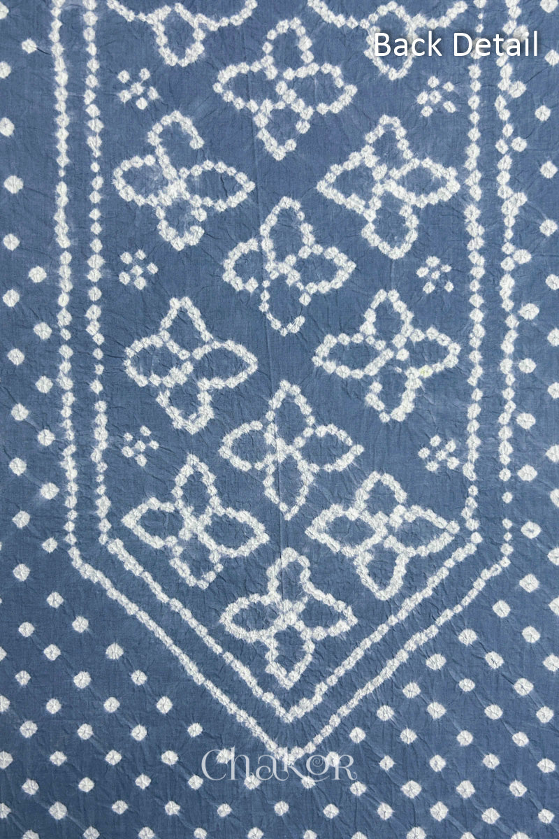 Back yoke detail featuring traditional Bandhani floral motifs on Grey cotton fabric.
