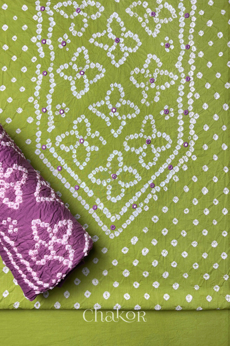 Lime Kutch Bandhani Cotton Unstitched Suit Set - 3 Piece | Mirror Work