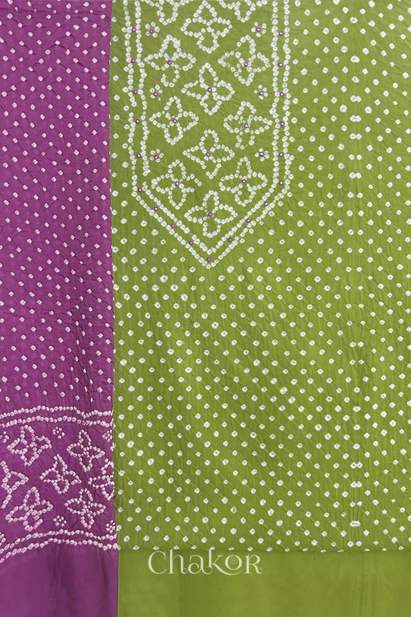 Lime Kutch Bandhani Cotton Unstitched Suit Set - 3 Piece | Mirror Work