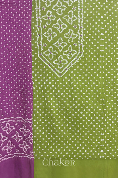 Green Bandhani cotton kurta fabric with matching bottom and Mauve Bandhani dupatta.
