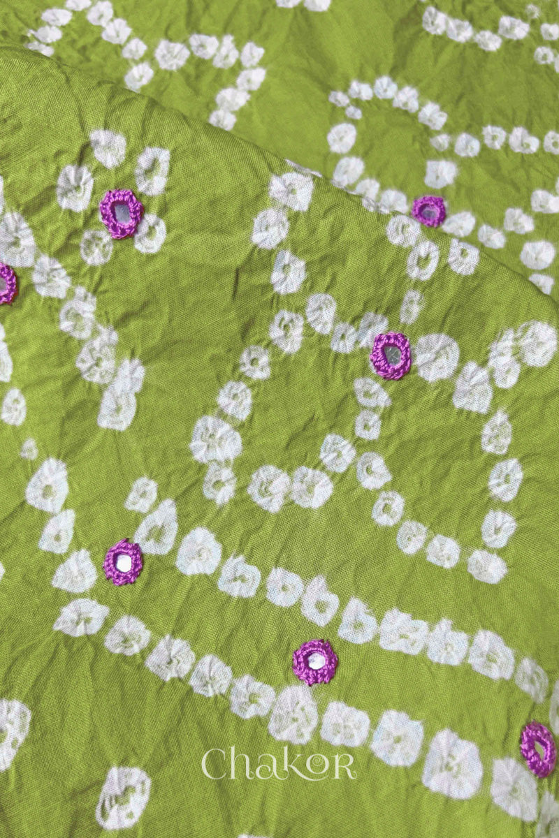 Lime Kutch Bandhani Cotton Unstitched Suit Set - 3 Piece | Mirror Work