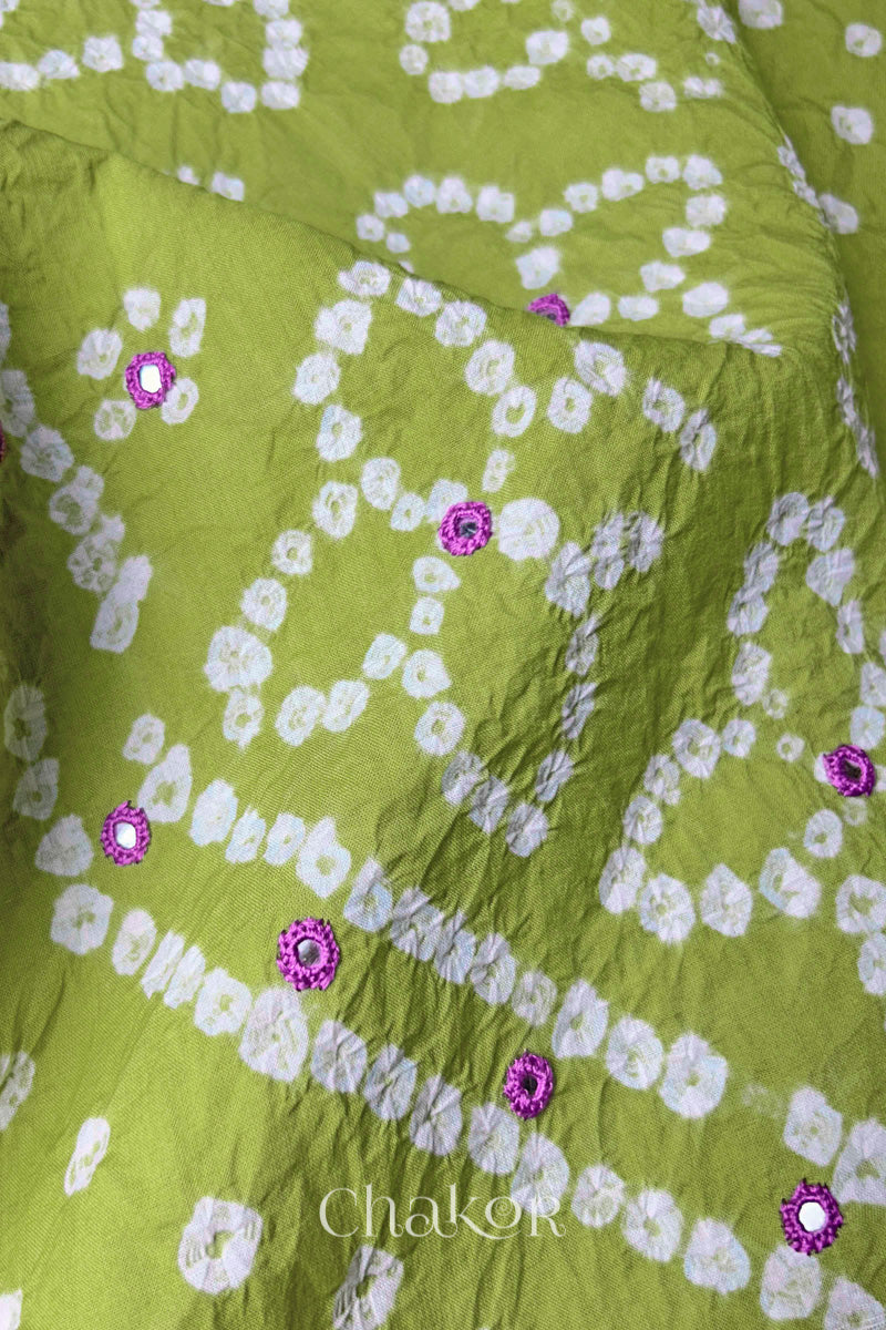 Lime Kutch Bandhani Cotton Unstitched Suit Set - 3 Piece | Mirror Work