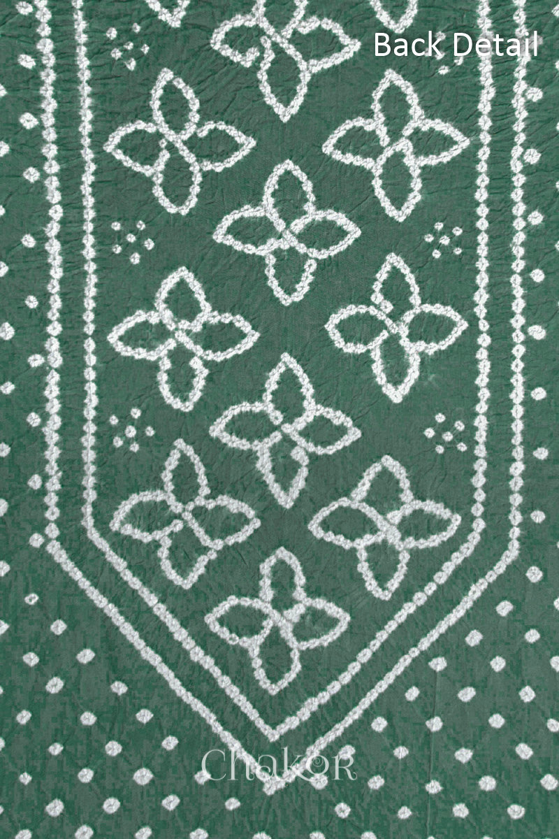 Back yoke detail featuring traditional Bandhani floral motifs on Moss Green cotton fabric.
