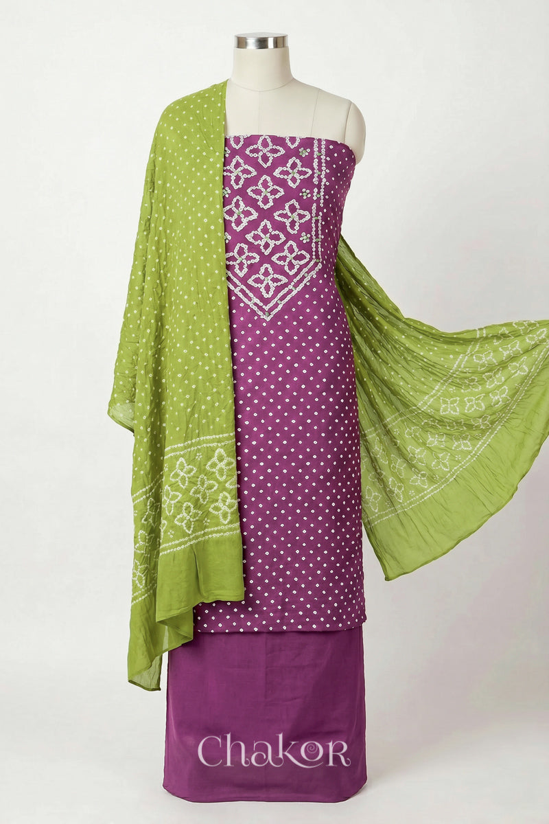 Mauve Kutch Bandhani cotton unstitched suit set, mirror work kurta with Lime Green mulmul cotton dupatta.
