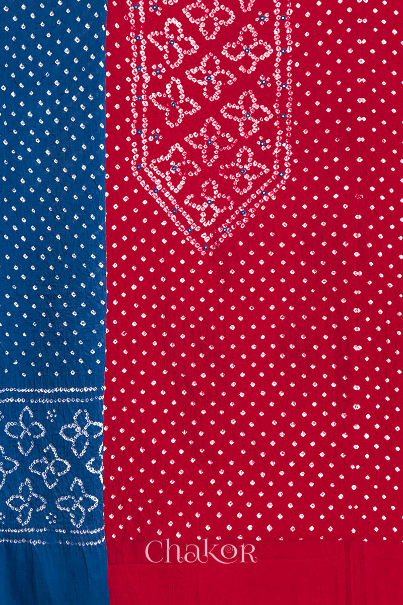 Red Bandhani cotton kurta fabric with matching bottom and Indigo Blue Bandhani dupatta.
